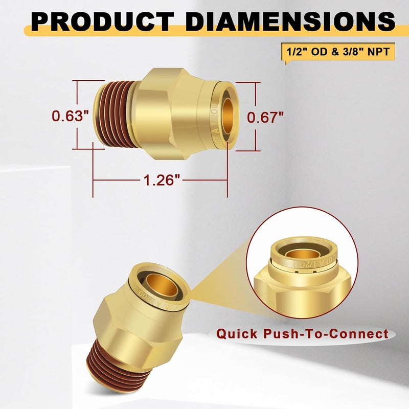 Siptenk 1/2" DOT Brass Push to Connect Air Line Fittings 5 PCS, 1/2" OD Tube x 3/8" NPT Thread Air Brake Line Quick Connect Fittings for Truck Trailers Industry Air System - Image 5